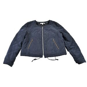 Larry Levine Quilted Bomber Jacket Women M Navy Blue Full Zip Spring Fall Travel